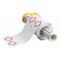 White vinyl label roll with red GHS/CLP 2-diamond design, measuring 4 3/32 in x 6 3/32 in. Features acrylic adhesive for bonding to containers, pipes, and equipment. Compatible with BBP85 printer series for custom no-legend chemical hazard identification.