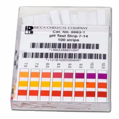 These high precision pH strips measure pH levels from 7 to 14 with a resolution of 0.5 pH. Each strip is 4 inches long and 3 inches wide. Suitable for quick alkalinity checks in water treatment, chemical processing, and laboratory testing.