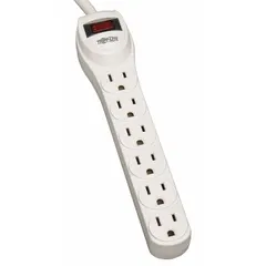 General purpose surge protector with 6 outlets, 2 ft cord, 180 J rated energy, and 15 A current. Features keyhole mounting for secure attachment. UL 1363 listed. Suitable for protecting electronics in office, workstation, and light industrial environments.