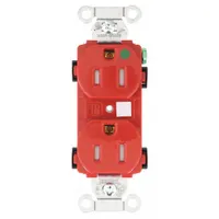 HUBBELL Receptacle: Hospital Grade Fed. Spec., Duplex, 5-15R, Red, 125V AC, 15 A, 2 Pole / 3 Wire (MPN 8200REDTRA)