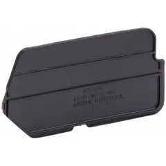 This AKRO-MILS bin divider measures 4 inches by 2 3/4 inches and is black. It is not electrostatic discharge conductive. Designed for use with compatible hanging and stacking bins, it subdivides bins into separate compartments for organizing small parts, fasteners, or components in industrial workstations, assembly lines, and storage areas. Compatible with manufacturer model number 30232.