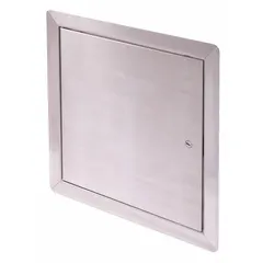 This steel access door is designed for ceiling mounting, providing a concealed opening to building systems such as HVAC or plumbing. It features a 16-gauge brushed steel panel with a hidden pin hinge for a clean appearance. The latching mechanism secures the door, making it suitable for maintenance access points in commercial or industrial settings.