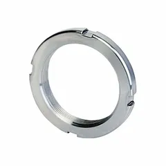 Inch-sized bearing locknut with a 10 5/8 in face diameter. Used to secure bearings onto shafts, preventing axial movement and maintaining proper preload in industrial machinery such as conveyors, pumps, and gearboxes.