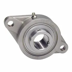 This food-grade flange-mount ball bearing has a 7/8 in cylindrical bore and a not-split housing. It uses H-1 grease lubricant and set screws for shaft attachment. The stainless steel construction and 3/8 in mounting bolt size suit washdown and sanitary conveyor systems, food processing equipment, and packaging machinery.