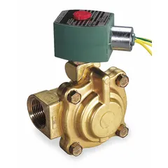 This 2-way, 2-position normally closed solenoid valve features a brass body and a watertight coil enclosure. It operates on 110V AC and has a 1-1/2 inch pipe size. Typical applications include on/off flow control in industrial piping systems such as water treatment, HVAC, and process control.
