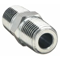 Steel hydraulic hose adapter with 1/4 in NPTF male threads on both ends. Rigid straight configuration for connecting hydraulic components in high-pressure fluid systems. Suitable for use in hydraulic presses, cylinders, and power units.