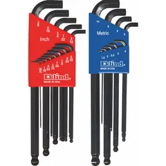L-shaped hex key set with stubby ball-end design for access in confined spaces and at angles. Includes 16 or more pieces in both metric and SAE sizes. Black finish. Suitable for tightening or loosening hex socket screws and bolts in maintenance, assembly, and repair tasks.