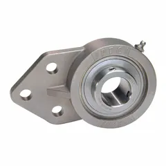 This food-grade flange-mount ball bearing has a 3/4 in bore and 2 1/2 in length, with stainless steel construction and set screws. It uses Mobil FM222 lubricant and accommodates a 5/8 in mounting bolt. Suitable for conveyor systems, packaging equipment, and food processing machinery where corrosion resistance and washdown capability are required.
