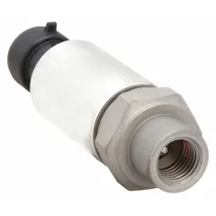 Stainless steel pressure transmitter with 0.5 to 4.5V DC output, ±1% accuracy, and IP67 rating. Features a 3-Pin Packard connector and male SAE 45° flare process connection. Overpressure capacity of 2x range, burst pressure of 5x range. Suitable for measuring pressure in fluid systems.