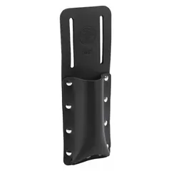 Black leather sheath with one pocket designed for carrying knives. Features an open top for quick access and a belt slot that fits belts up to 2 1/2 inches wide. Suitable for tradespeople who need a knife readily available on their belt.