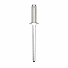 Flush-mount blind rivet with a 0.1255-inch diameter and 1 8/17-inch overall length. Body length is 3/8 inch, overall length is 1 15/32 inch. Plain finish. Supplied in a 500-piece pack. Used for fastening sheet metal, plastics, and composites in applications requiring a smooth finished surface.