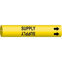 Snap-on pipe marker for identifying supply lines in industrial piping systems. Yellow background with black legend and directional arrows. Fits pipe outer diameters from 2-1/2 to 3-7/8 inches. Single marker included