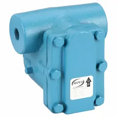 Cast iron in-line float and thermostatic steam trap with 1/2 in FNPT connections. Rated for 1,523 lb/hr capacity, 75 psi maximum pressure, and 450°F maximum temperature. Stainless steel float. Horizontal installation. Used in steam systems to discharge condensate continuously while preventing steam loss, suitable for process heating, heat exchangers, and steam mains.