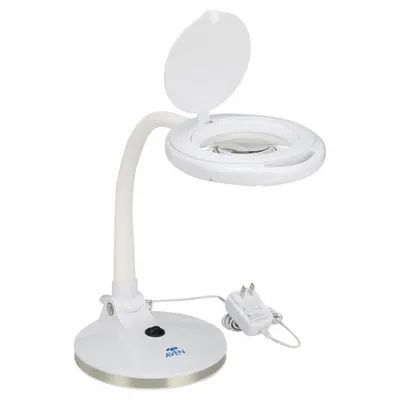 AVEN Round Magnifier Light: LED, 2.25x, 5 Diopter, 570 lm Max Brightness, 11 in Arm Reach - Weighted-Base Magnifier Lights