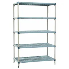 Stationary shelving unit with a steel frame and five polymer shelves featuring antimicrobial resistance. Each shelf measures 18 by 36 inches, with an overall height of 74 inches. Quick-adjust shelf clips allow repositioning without tools. Suitable for hygienic storage in cleanrooms, food processing, and healthcare environments.