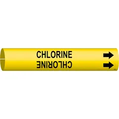 Yellow snap-on pipe marker with black legend reading 'Chlorine' and directional arrows. Fits pipe outer diameters from 2-1/2 to 3-7/8 inches. Used to identify pipes carrying chlorine in industrial facilities, aiding in hazard communication and compliance with pipe identification standards.
