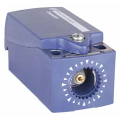 Non-metallic EN50047 body and receptacle assembly for limit switches. Features screw clamp terminals, 2 mounting holes, and 1NO/1NC contact configuration. Used in industrial automation for position detection of moving parts in machinery and conveyors.