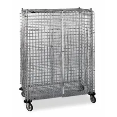 Wire security cart with fixed shelf type, no shelves included. Self measures 48 in L x 24 in W; overall dimensions 53 in L x 28 in W x 68 in H. Silver finish. Equipped with four swivel casters, no brakes. Used for secure transport of loads up to 900 lb in industrial facilities.