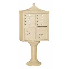 Horizontal multi-unit mailbox with 10 lockable front-access doors. Measures 71 3/4 in H x 31 in W x 18 1/2 in D. Designed for pedestal mounting in residential or commercial mail distribution applications.