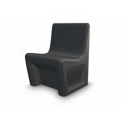 This armless chair from the Endurance series features a black polyethylene seat and a floor-mount design. It is a single-seat unit compliant with ISO 22196 antimicrobial standards and UL 94 HB flammability requirements. Suitable for use in commercial or industrial settings where a compact, no-arm seating solution is needed.