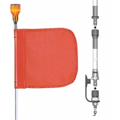 Orange warning whip with 12 ft overall height, 11 in flag height, and 12 in flag width. Features a quick disconnect base with split pole for easy installation and removal. Non-reflective; light sold separately. Used to mark vehicles, equipment, or hazards in industrial yards and construction sites.