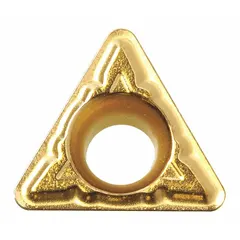 Triangle (T) indexable turning insert made of carbide. Designed for turning, facing, and profiling operations on lathes in metal machining applications.