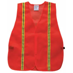This men's safety vest is made of orange mesh polyester with hook-and-loop closure. It features vertical silver reflective stripes with yellow borders for 360° visibility. Suitable for general low-light visibility in job sites, warehouses, or roadside areas where high-visibility clothing is recommended but not required by regulation.