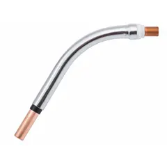 This conductor tube with a 45° bend directs welding wire and shielding gas to the weld joint. It is designed for use with Magnum Pro Curve 400 Series MIG guns in industrial fabrication and heavy-equipment manufacturing applications.