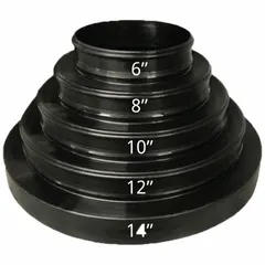 This polypropylene neck reducer transitions between nominal duct diameters of 6, 8, 10, and 14 inches. With an overall diameter of 14 inches and height of 7 1/2 inches, it is used in HVAC and ventilation systems to adapt ductwork connections. Supplied as a 10-pack.
