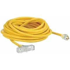This 50 ft outdoor extension cord features three grounded outlets and a NEMA 5-15P plug. The 10/3 SJTW construction and T-shaped design provide reliable power distribution in temperatures from -40° to 167°F. Suitable for powering tools, lights, and equipment at job sites or outdoor events.
