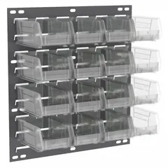 This wall-mount louvered panel provides organized storage for small parts in industrial settings. It features 16 clear hang-and-stack bins that allow quick visual identification of contents. The gray powder-coated finish resists wear in workshops, assembly lines, and maintenance areas.