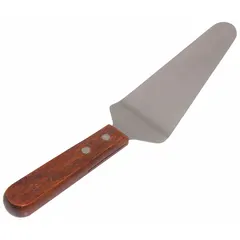 This pastry and pie server features a 2 1/2-inch wide stainless steel blade and a brown wood handle, with an overall length of 10 inches. It is dishwasher safe for easy cleaning. Suitable for serving cakes, pies, and pastries in food service or home settings.
