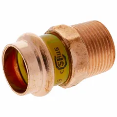 This straight adapter fitting is used in gas piping systems to connect 2-inch CTS copper or bronze tubing to male NPT threaded components. It features a press-fit connection on one end and a male NPT thread on the other, providing a leak-proof joint. Constructed from copper or bronze, it is suitable for commercial and industrial gas supply lines.