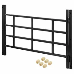 Carbon steel security bars with hinged design for inside mounting. Adjustable width from 23 1/2 to 38 inches, height 21 1/4 inches, with 4 bars in black finish. Used to reinforce windows against forced entry while allowing emergency egress.