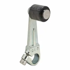 Fixed roller lever accessory for limit switches, featuring a rotary lever roller actuator with outside offset roller position. Compatible with TELEMECANIQUE SENSORS 9007AW series. Maximum arm/operator length of 2 inches. Used for mechanical position detection in industrial automation and machine safety applications.