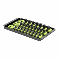 Yellow socket bit tray with 25 posts/slots for organizing sockets. Overall width 5 5/16 inches. Includes 288 I.D. stickers for labeling. Used in workshops, toolrooms, and industrial maintenance for socket storage and quick identification.