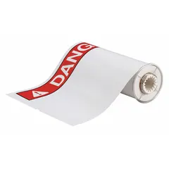 White vinyl label roll with DANGER header, available in two sizes: 10 in x 14 in and 14 in x 10 in. Features acrylic adhesive for secure bonding. Designed for use with BBP85 printer series to produce on-demand safety signage for hazard marking in industrial environments.