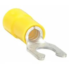 Yellow vinyl-insulated fork terminal with locking fork design for secure connections in high-vibration applications. Funnel-entry barrel simplifies wire insertion. Accommodates 12 AWG to 10 AWG wire and fits #10 stud size.