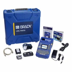 Portable label printer for laboratory identification. Prints 1-1/2" labels on indoor/outdoor vinyl. Includes battery, hard case, and Brady Workstation Lab ID Software Suite. No wireless connectivity.