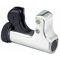 This compact tubing cutter is designed for cutting copper tubing with outer diameters from 1/4 in to 15/16 in. It features an enclosed feed standard wheel mechanism, suitable for use in HVAC, refrigeration, and plumbing applications.