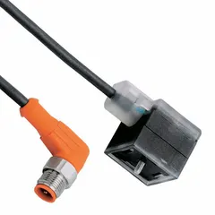This cordset connects a DIN Form A solenoid valve or sensor to an M12 male right-angle port. It features a black PUR jacket, 5 pins, and an IP67 rating for protection against dust and water ingress. Typical applications include industrial automation, packaging, and material handling systems requiring reliable connections in confined spaces.