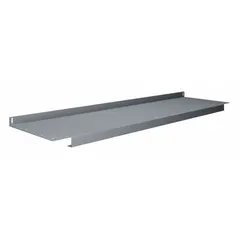 Gray steel shelf for workbenches, 48 in wide by 14 in deep. Includes mounting hardware. Provides additional storage for tools, parts, and supplies in industrial workshops, maintenance facilities, and assembly areas.