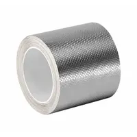 Silver embossed foil tape with acrylic adhesive, 5 mil thick, 600 V rated. Used for EMI/RFI shielding, grounding, and splicing in electrical enclosures and cable assemblies. 4 in wide, 6 yd length