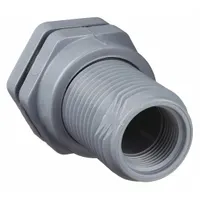 CPVC through-wall fitting with 1 in female NPT threaded inside connection and EPDM gasket. Used for creating a leak-resistant seal in tank or wall penetrations in fluid handling systems