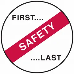 Set of 4 non-reflective hard hat labels with 2-inch diameter. Printed in English with standard finish. Used for safety reminders on hard hats in industrial environments.