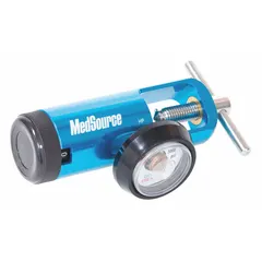 Medical oxygen regulator constructed from aluminum, with a maximum flow rate of 25 lpm. Dimensions: 1 in width, 5 1/2 in height, 5 1/2 in depth. Designed to control oxygen flow from a cylinder to a patient delivery device in clinical and home care settings.