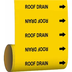 Green adhesive pipe marker with black legend reading 'Roof Drain' and directional arrows. Fits pipe outer diameters of 2 inches and smaller. Supplied on a roll containing 30 markers for convenient application. Used to identify roof drain piping in building drainage systems.