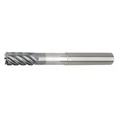 This reduced-neck carbide end mill is designed for high-speed finishing of stainless steel and super alloys. With 7 flutes and a 0.06" corner radius, it improves surface finish and reduces chipping in demanding milling applications. The AlTiN coating enhances wear resistance and tool life.