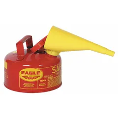 Type I safety can for flammable liquids, 1 gallon capacity, red finish, includes funnel. Used for safe storage and dispensing of flammables in industrial settings such as maintenance, chemical processing, and manufacturing.