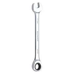 This metric 12-point ratcheting combination wrench has a 17 mm head size and an overall length of 8 7/8 inches. The chrome finish resists corrosion. Suitable for tightening or loosening fasteners in maintenance, assembly, and repair tasks.